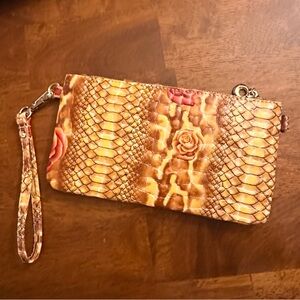 Brown Faux Snake Print wristlet wallet with Rose Accents